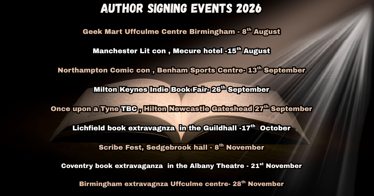 Author signing events 2026 poster — nine UK book signings from August to November. Full list on the events page.
